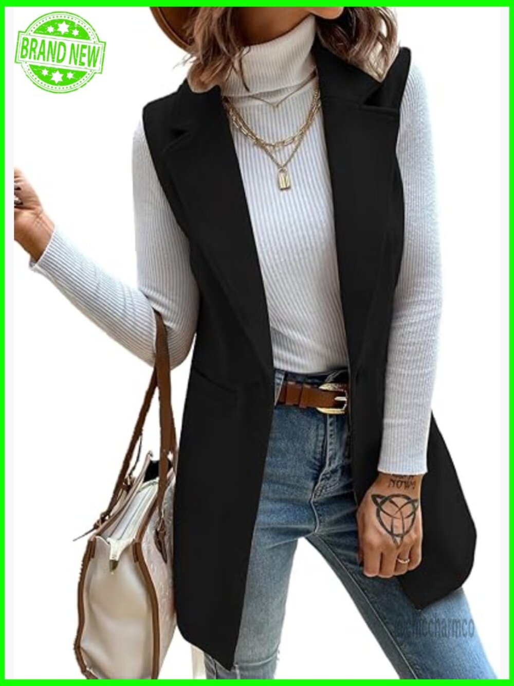 Wool Long Sleeveless Blazer Vest with Notch Lapel and Pockets